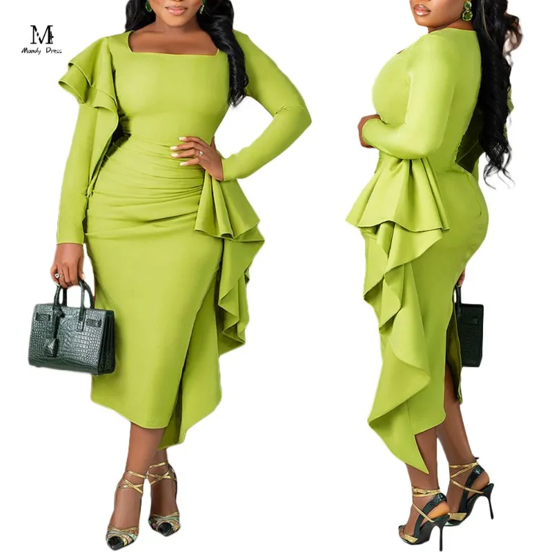 Chic Women Midi Dress Square Collar Ruffled Long Sleeve Gown Fall Winter Office Lady Bodycon Casual Green Dresses New IN