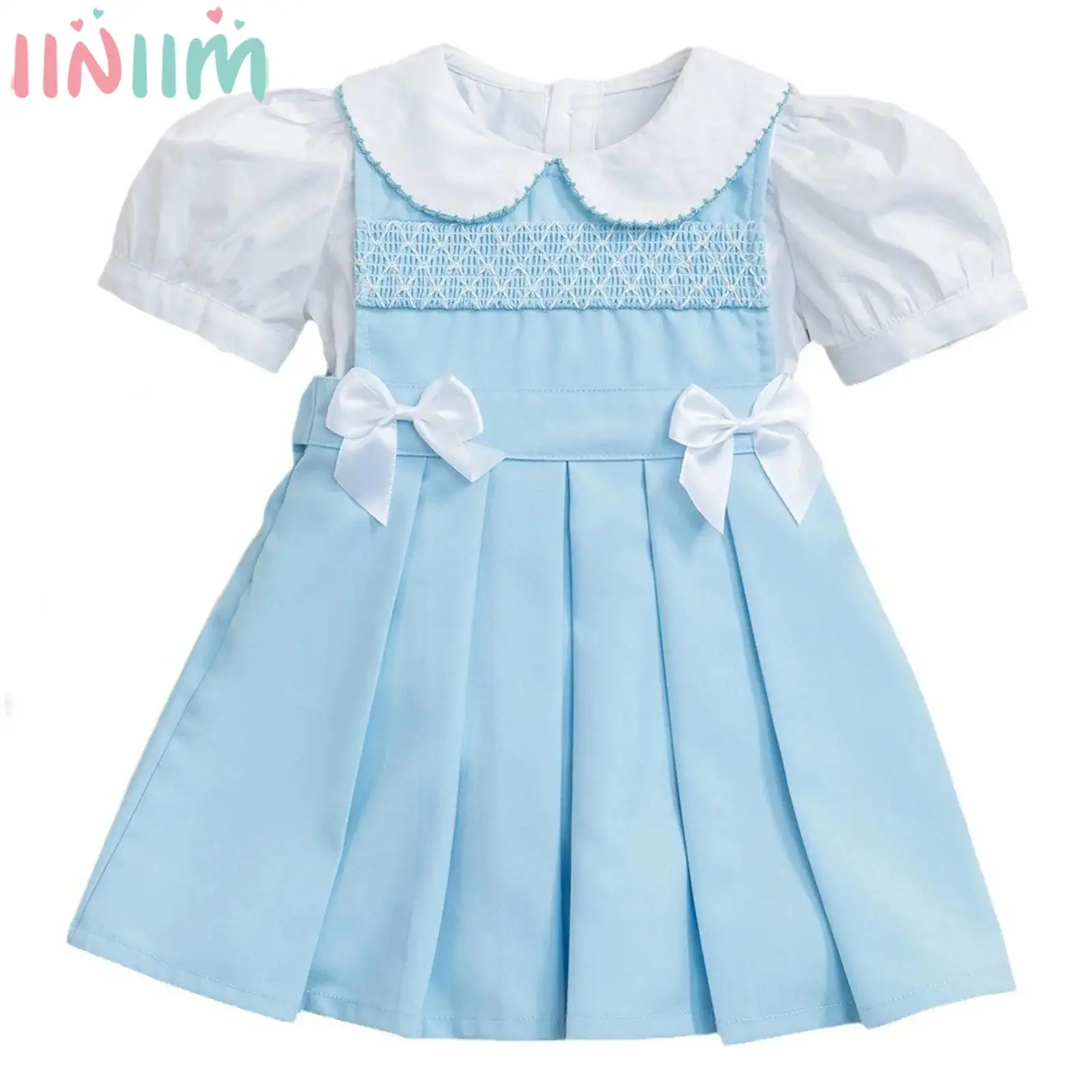 

Kids Girls Summer Fashion Casual Dress Puff Sleeve Solid T-shirt with Pleated Suspender Dresses Set for Daily School Vacation