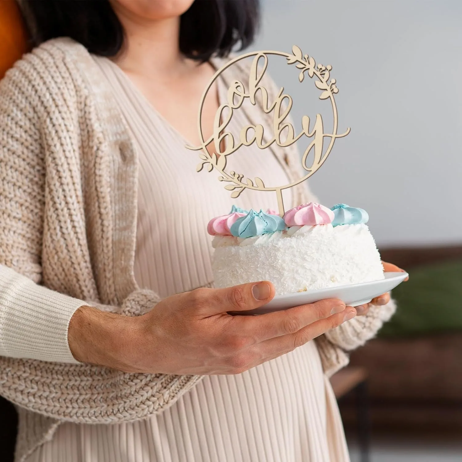Oh Baby Kuchenaufsatz aus Holz, Babyparty-Kuchenaufsatz, Geschlechtsneutral, Junge Mädchen, Boho Rustikal, Geschlechtsoffenbarungs-Kuchendekoration – Detail 6