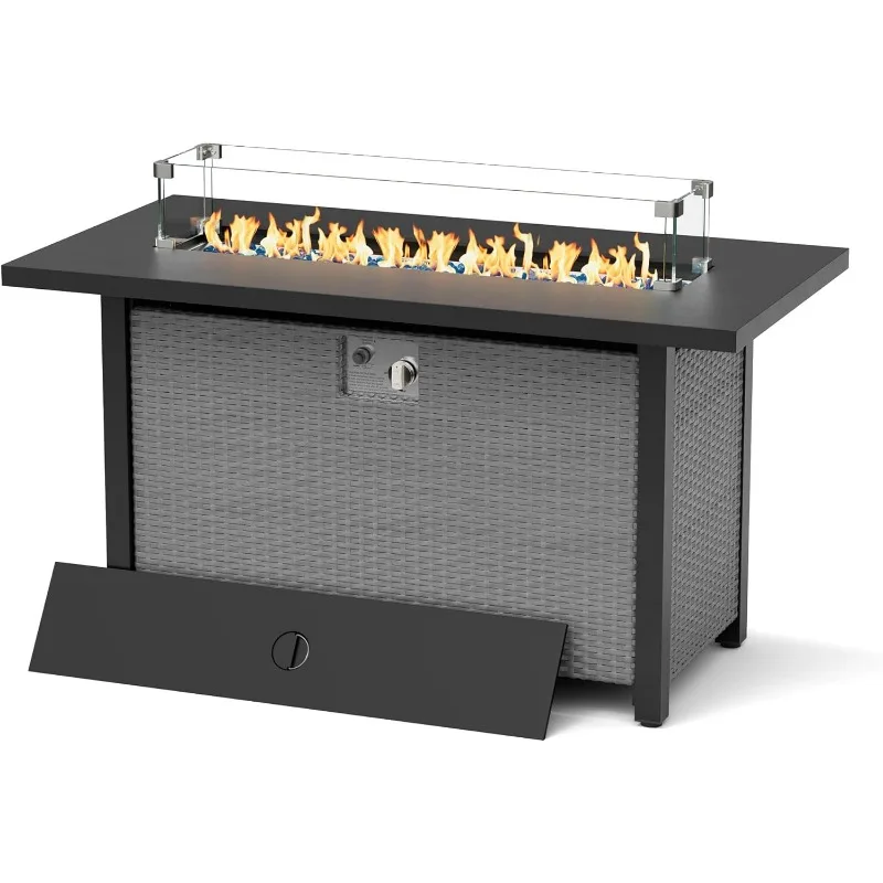 

Fire Pit Table, 45in 50,000 BTU Wicker Patio Propane Gas Fire Pit with Glass Wind Guard, Aluminum Tabletop, Firepit Lid