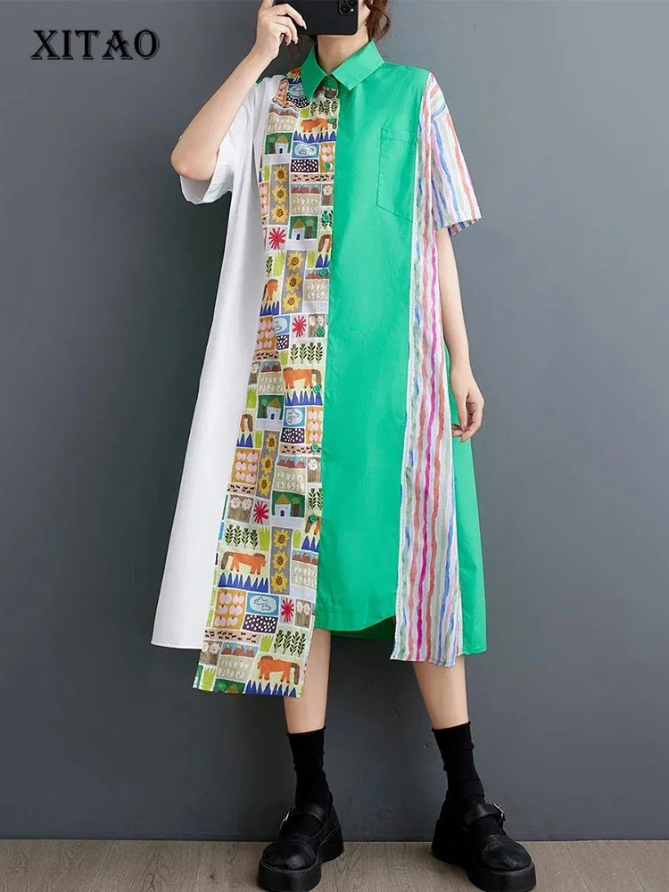 

XITAO Personality Print Shirt Dress Asymmetrical Contrast Color Short Sleeve Loose Summer Fashion New Women Striped Dress ZY8808