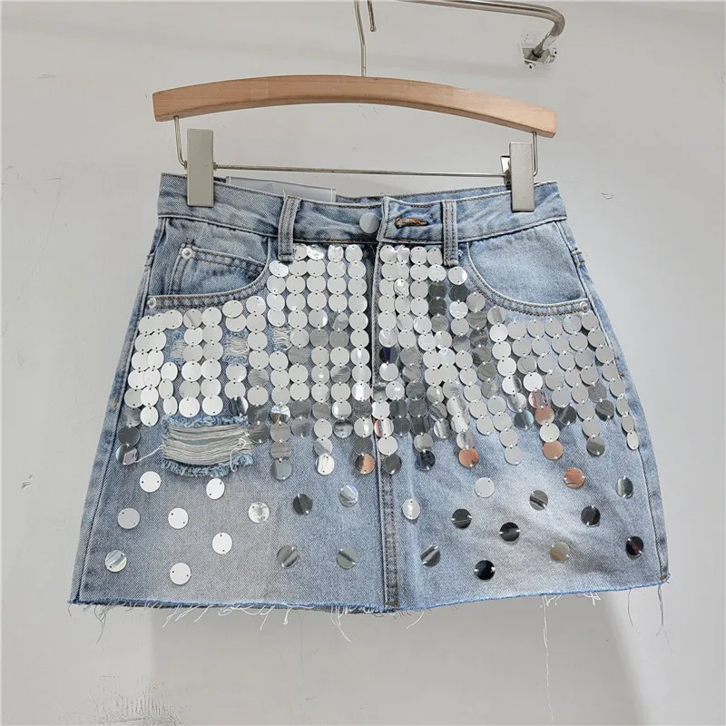 Fashionable Sequins Raw Hem High Waist A- Line Skirts Female 2024 Summer New Korean Style Slimming Black Denim Skirt for Women