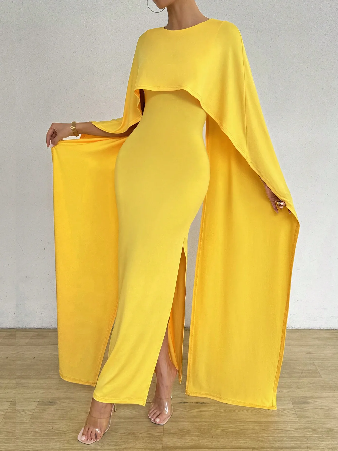 Robe longue jaune à col rond pour femme, faux deux, style 550, hanche, élégante, décontractée