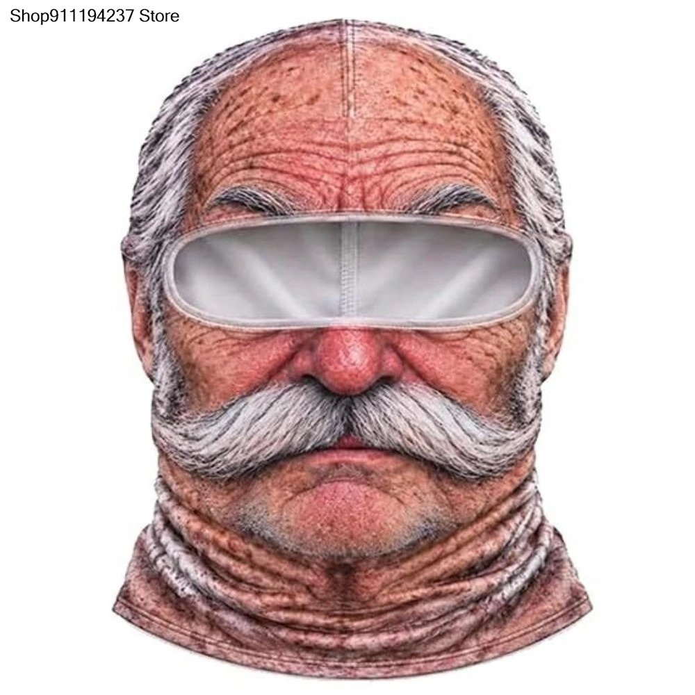 3D Face Printed Old Man Balaclava White Mustache Breathable Eye Hole Winter Mask Cover Full Coverage Stretch Ski Mask