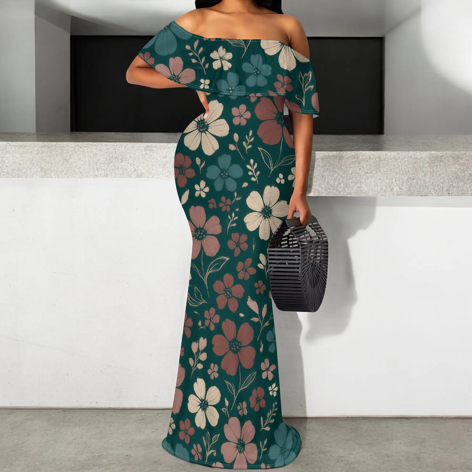 

Floral Off Shoulder Maxi Dress S‑3XL Ruffle Sleeve Slim Fit Style for Garden Party, Wedding Guest or Summer Vacation