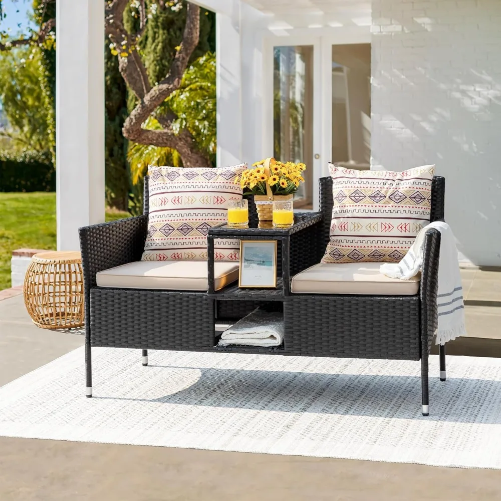 Pátio ao ar livre loveseat moderno rattan 2 lugares pátio conversa conjunto com almofadas & mesa de centro embutida móveis varanda