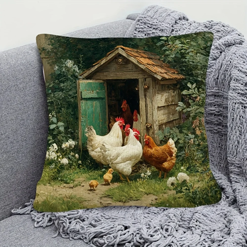 Double Sided Vintage Chicken Coop Hen and Chicks Pattern Decorative Throw Pillow Case Farmhouse Art Cushion Cover Sofa Home