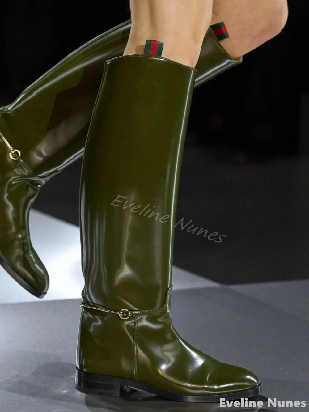 Patent Leather Metal Buckle Knee Boots Women Round Toe Flat Chunky Heel Slip On Biker Boots 2025 New Fashion Design Long Boots