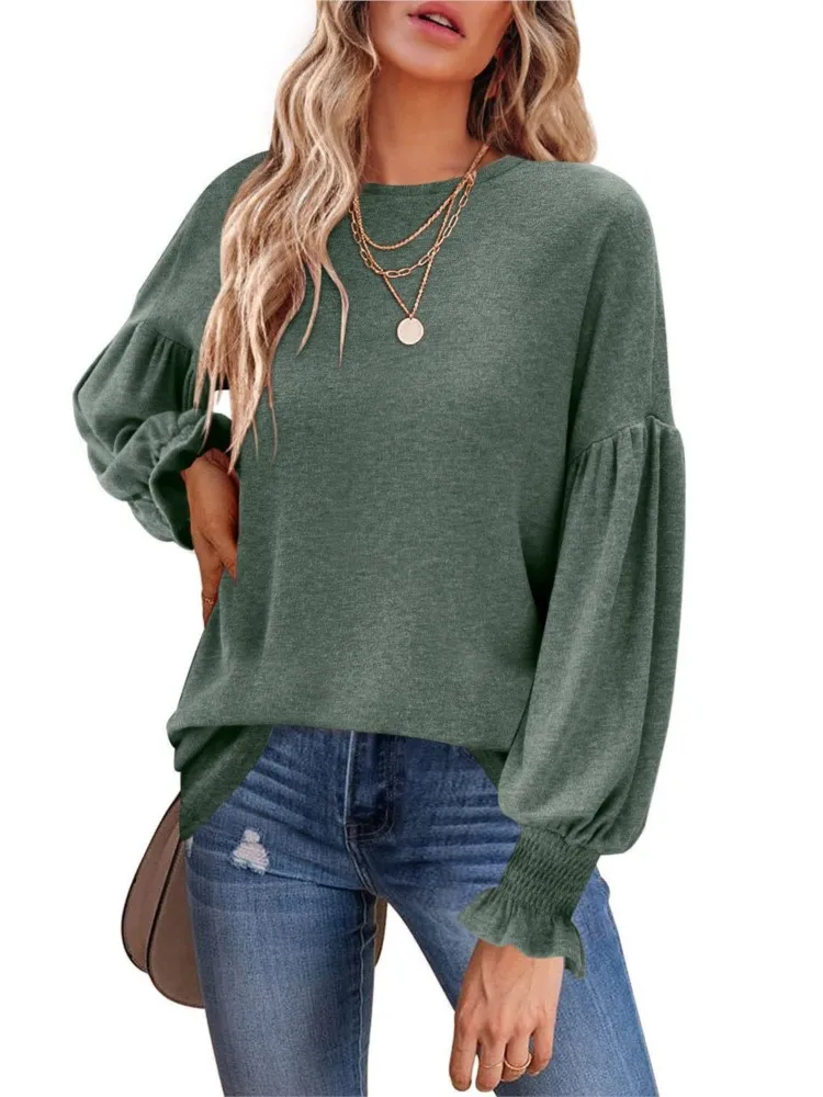 2024 Autumn Winter New Product Women's Solid Color Top Round Neck Folded Fashion Lantern Sleeve Casual Comfortable T-shirt