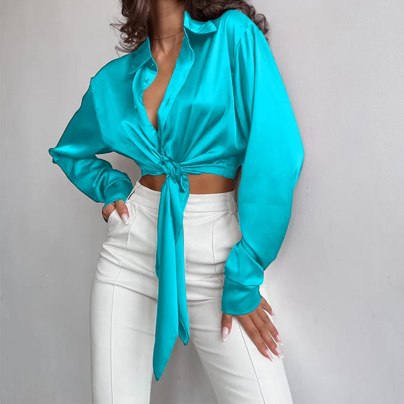 Ladies Solid Color Lace Up Crop Tops Autumn New Fashionable Polo Collar Long Sleeve Leaky Navel Shirt Short Women's Blouse Top