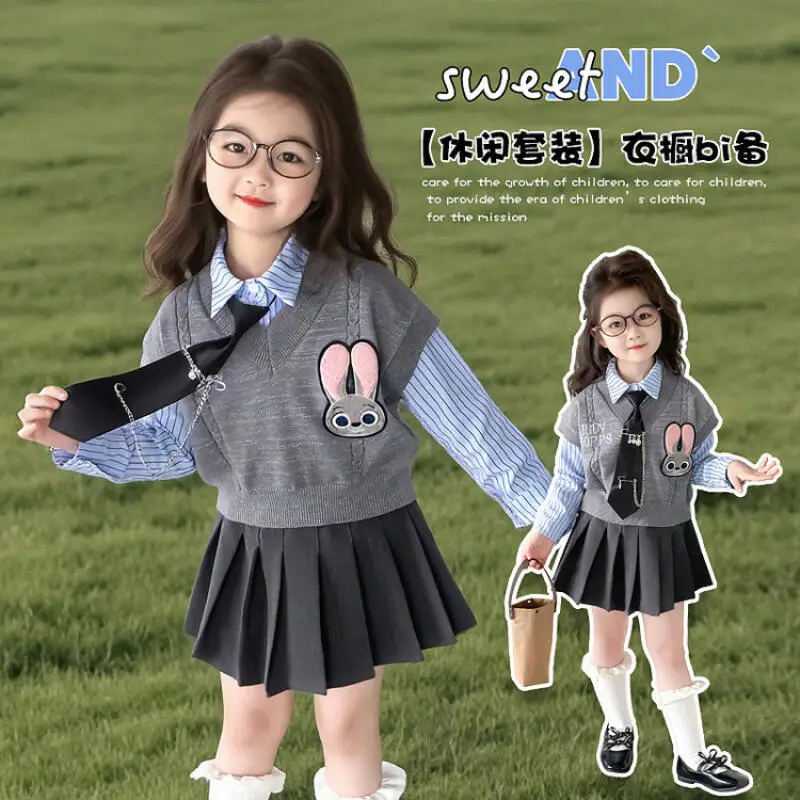 3 uds dibujos animados Judy Hopps niñas Chaleco tejido suéter camisa Jk falda conjunto lindo conejito de Disney policía primavera dulce niños Jk uniforme conjunto