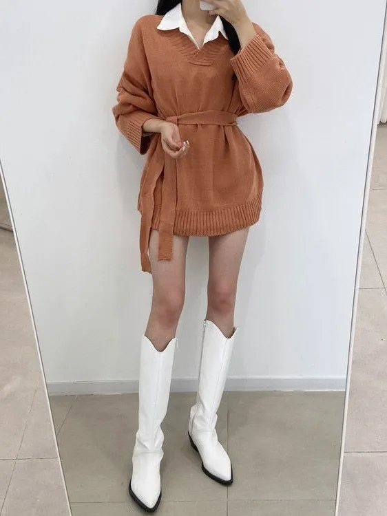 Schicker Sommer Vintage V-Ne Loose Lazy Knitwear Damen mittellanger Schlankheitspullover mit Gürtel, bequem, lang, Sve-Farbe