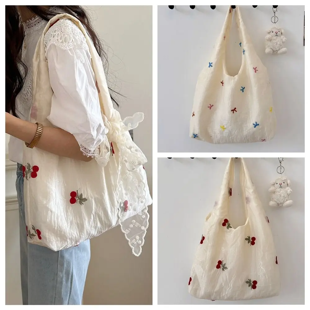 Sweet Embroidered Bow Tote Bag Chiffon Solid Color Cherry Shoulder Bag Korean Style Large Capacity Canvas Underarm Bag Summer