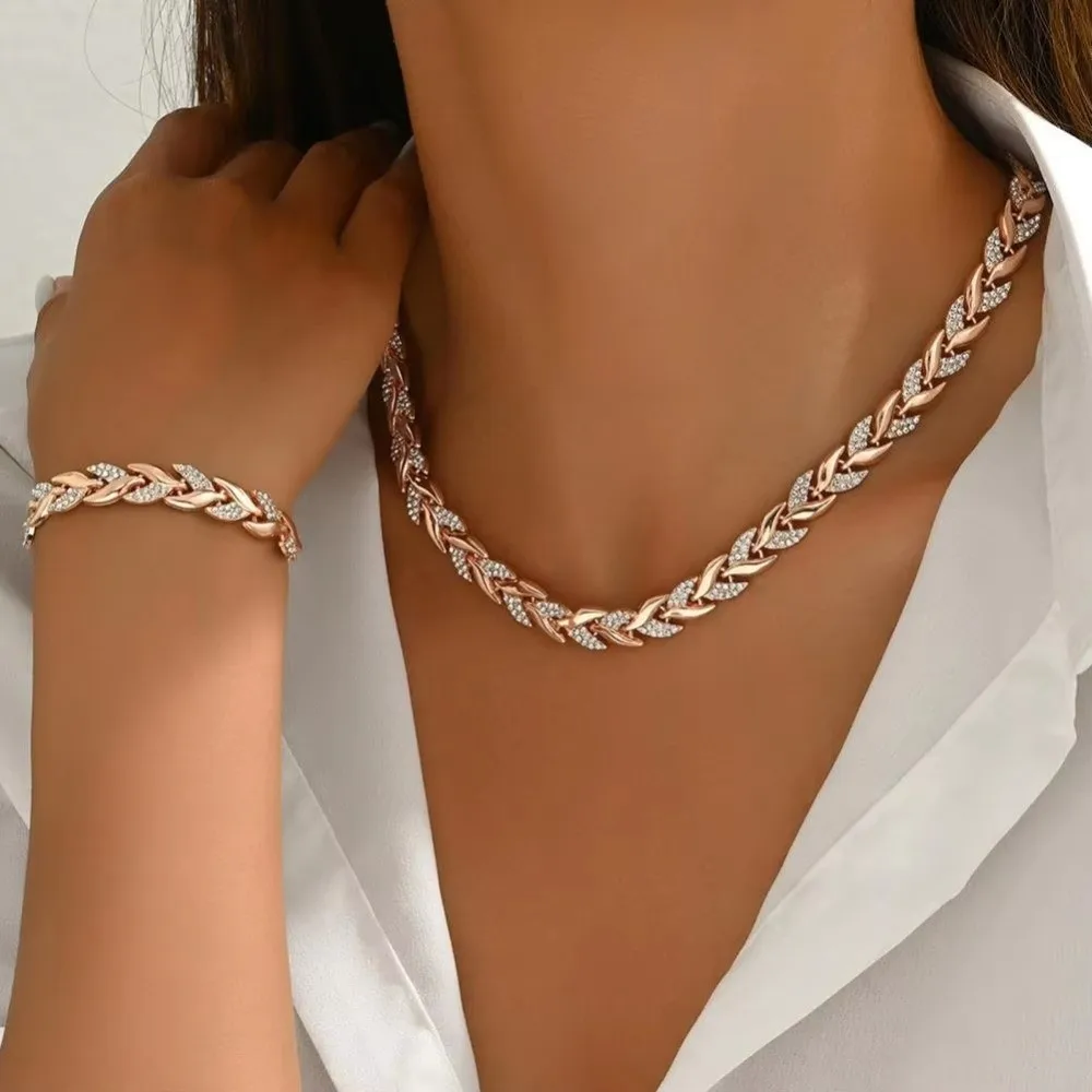 Gifts 2Pcs/Set Fishtail Diamond Jewelry Set Adjustable Rhinestone Inlaid Leaves Shape Fashion Length Bracelet Set