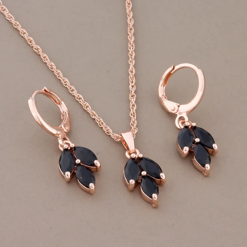 New Black Natural Zircon Leaf Earrings Set For Women 585 Rose Gold Color Bride Wedding Fashion Jewelry Set