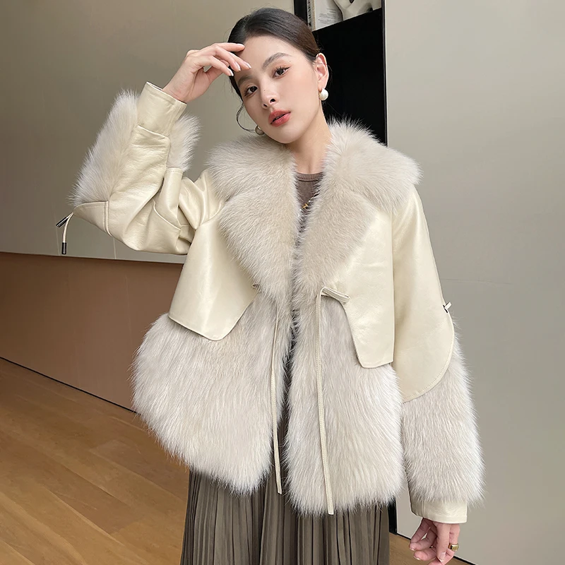 Coat Women's Solid Color Fashion Loose Long Sleeve High-End Fox Fur Stitching Sheepskin Thickened Warm down Feather Liner Winter