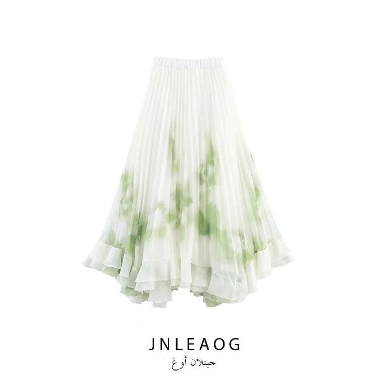 تنورة نسائية جديدة بتصميم عصري مطبوع من JNLEAOG لفصل الربيع، تنورة متوسطة الطول بطيات من ألياف البوليستر على طراز الهانفو