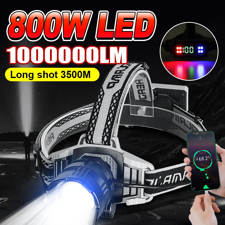 

1000000LM Powerful Long Range LED Headlamp 800W Headlight USB Rechargeable Flashlight High Power Outdoor Head Lamp Fishing Light