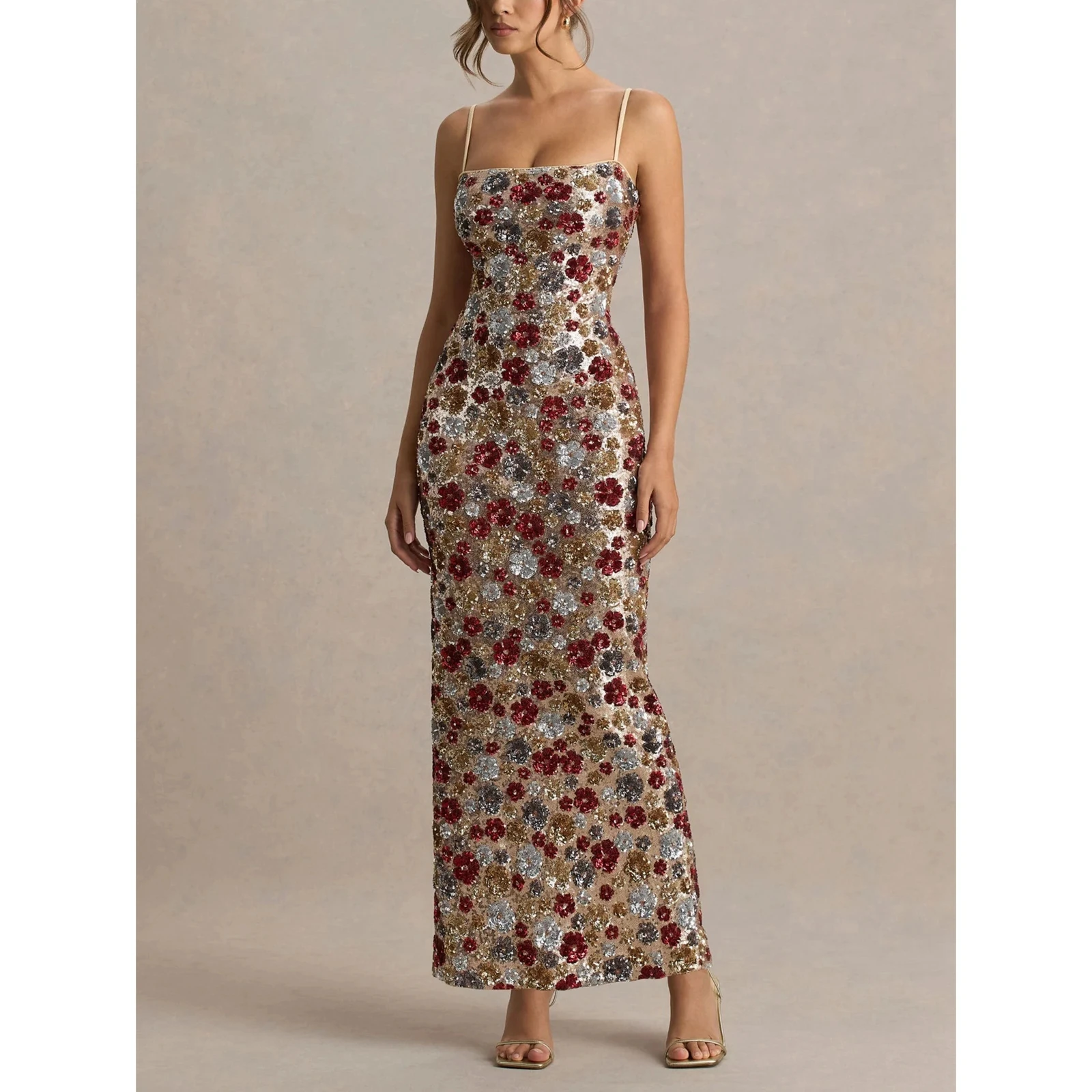 

Women's Floral Sequin Square Neck Maxi Dress, Elegant Bodycon Bridesmaid Evening Gown Spaghetti Strap Maxi Dress
