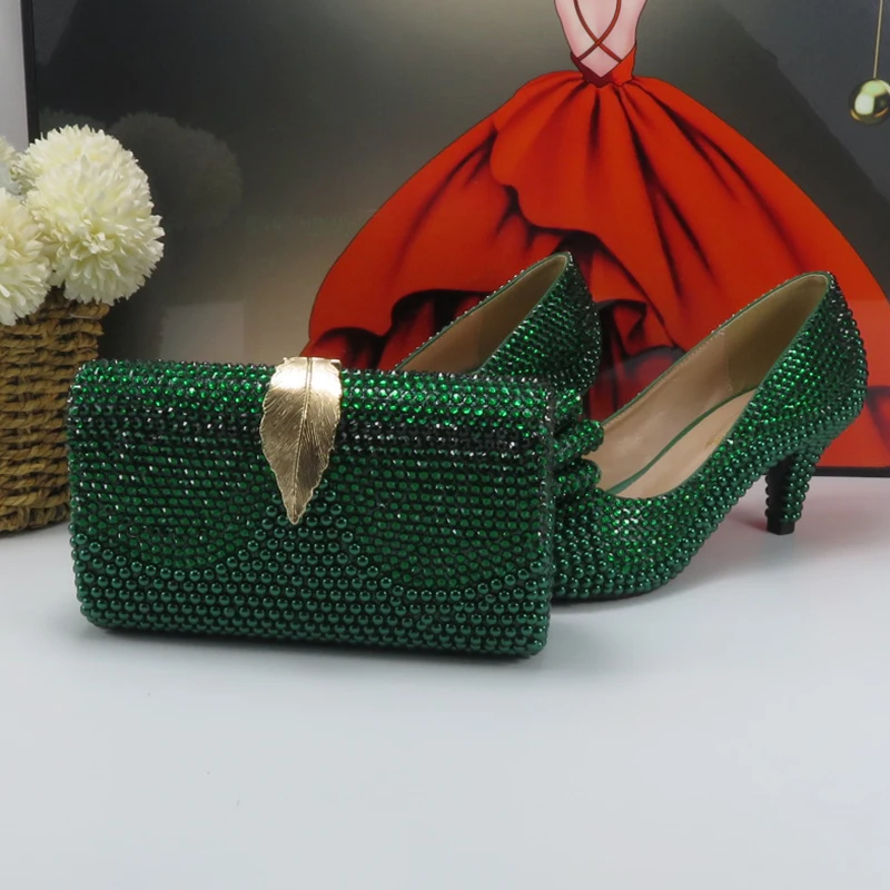 Zapatos de novia de cristal verde para mujer, conjunto de zapatos de tacón fino, zapatos de noche para fiesta de boda, bombas altas, zapatos de punta abierta para mujer