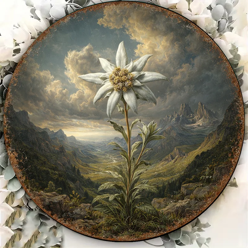 2D Flat, 1pc 8x8in/20x20cm 2D Flat Round Aluminum Sign, Vintage Aluminum Plaque Featuring Edelweiss Alpine Wildflowers, Alpine P