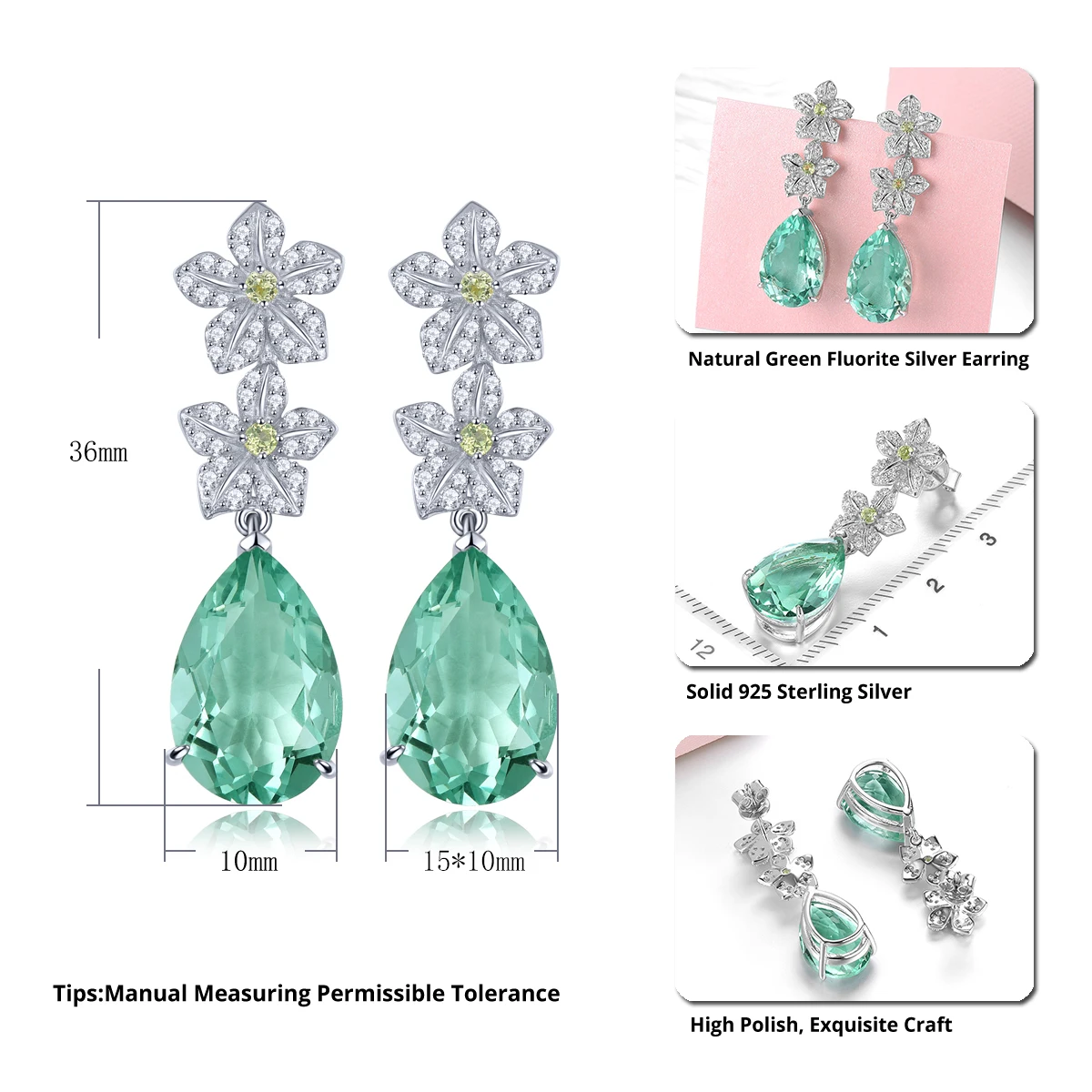 Natural Green Fluorite Sterling Silver Drop Earrings 12.8 Carats Romantic Elegant Fine Jewelry Style Women S925 Engagement Gift