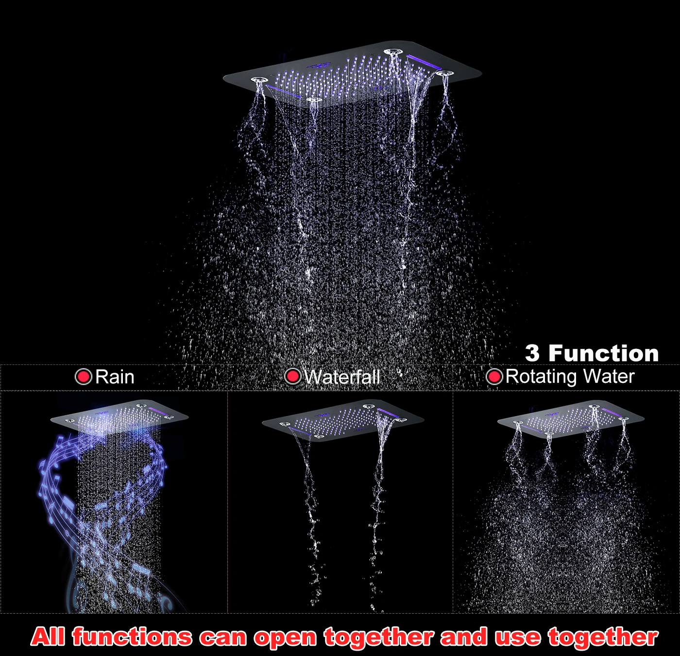 Qlonn 580*380mm Stainless Steel LED Music Shower Head Luxury Hotel Rainfall Type Bathroom Ceiling 3 Function Shower Panel