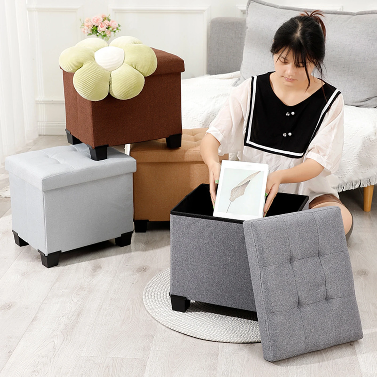 Small Folding Storage Foot Rest Stool Large Capacity 100KG Load Capacity Solid Color Clothes Toys Bedroom Storage Stool