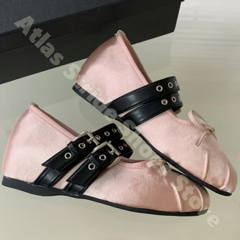Velvet Bow Front Mary Jane Sandals Dual Eyelet Strap Quilted Insole Flat Shoes Round Toe Slip-On Double Band Ballet Flats