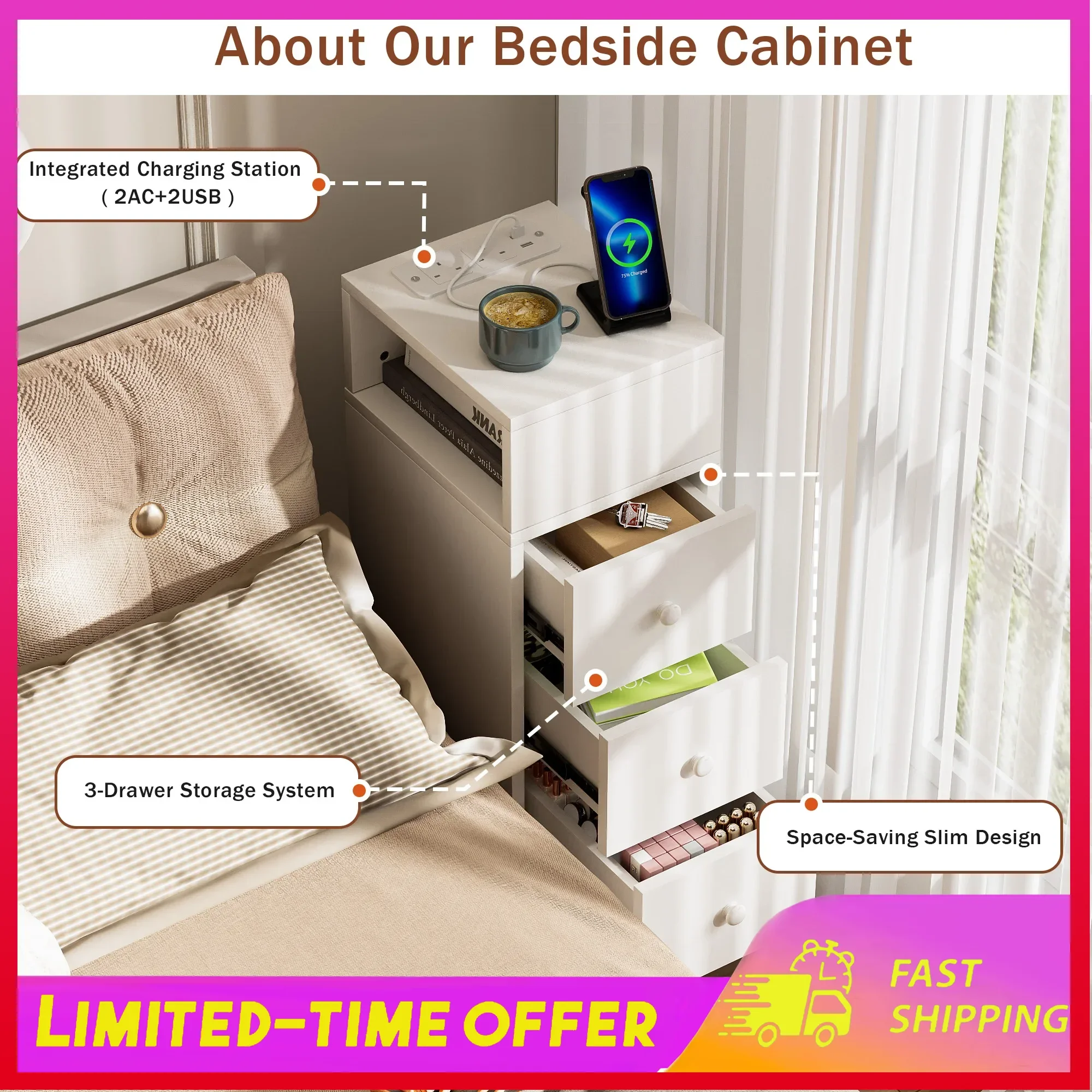 Wood Nightstand Style Storage Drawers Pull-Out Tray Bedroom Bedside Table Living Room Charge Narrow Design Minimalist Furniture