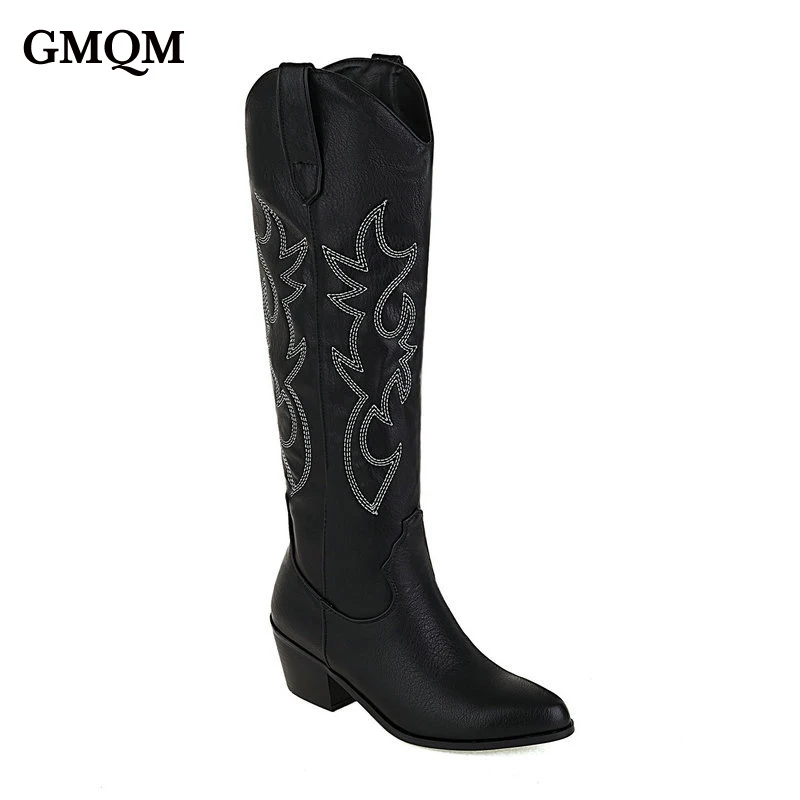 GMQM Fashion Women Shoes Knee High Boots Vintage Cool Cowgirls Cowboy Western Boots Suede Leather PU Chunky Heels Pointed Toe