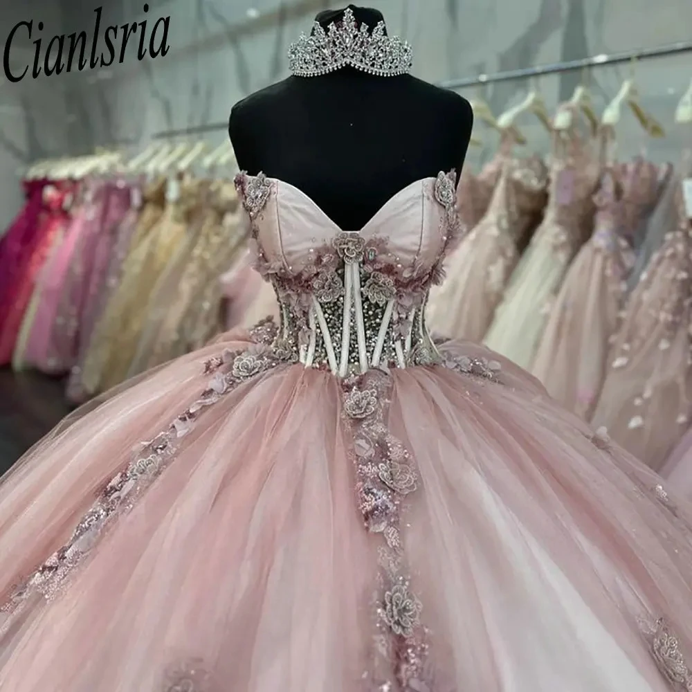 

Blush Pink Sweetheart Illusion Beading Crystal Ball Gown Quinceanera Dresses 3D Flowers Appliques Sweet 16 Vestidos De 15 Anos