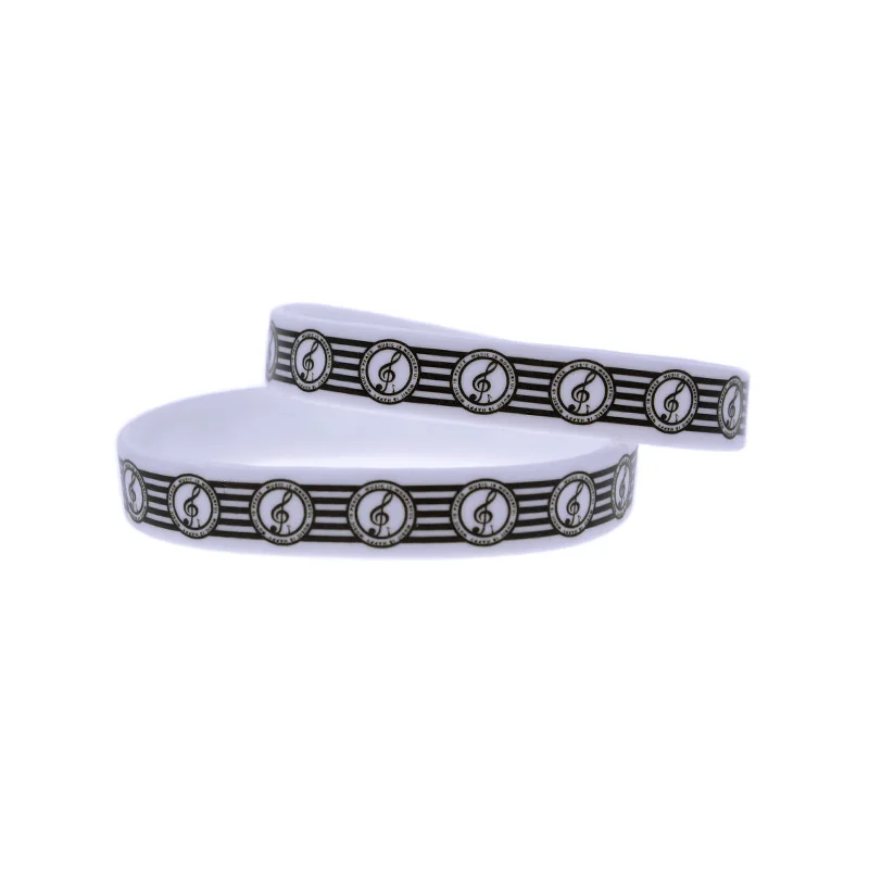 50 Stück Musik-Partygeschenke, Silikonarmband, bedrucktes Musiksymbol, Gummiarmband, weiß – Detail 2
