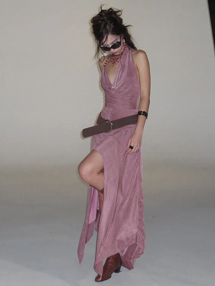 Vestido largo Halter de decoración de cuentas de Kliou para mujer con cuello sin espalda