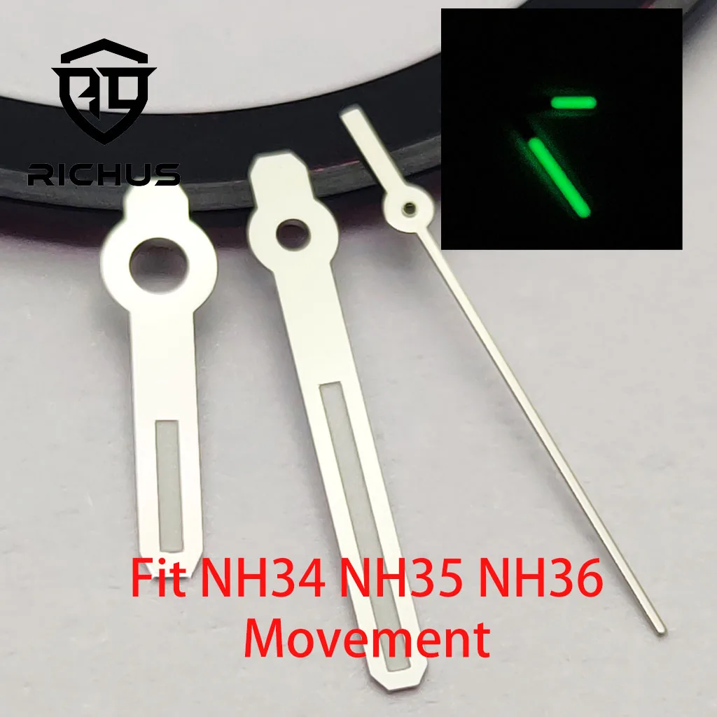 RICHUS Green Luminous Watch Hands Silver Fit for NH34 NH35 NH36 Movement Watch Accessories