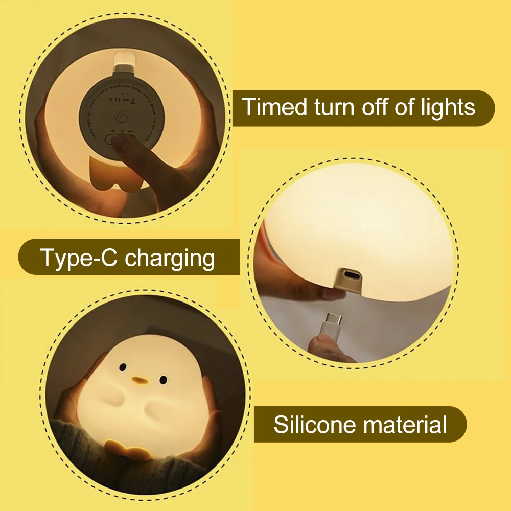 Cute Duck LED Night Lamp Cartoon Silicone USB Rechargeable Sleeping light Touch Sensor Timing Bedroom Bedside Lamp For Kid Gift