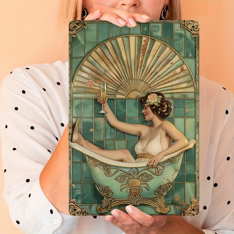 1920s Elegance Metal Wall Art - Retro Tin Sign with Woman in Bathtub Drinking Champagne, es, Vintage Bathroom Decor, Unique Hom