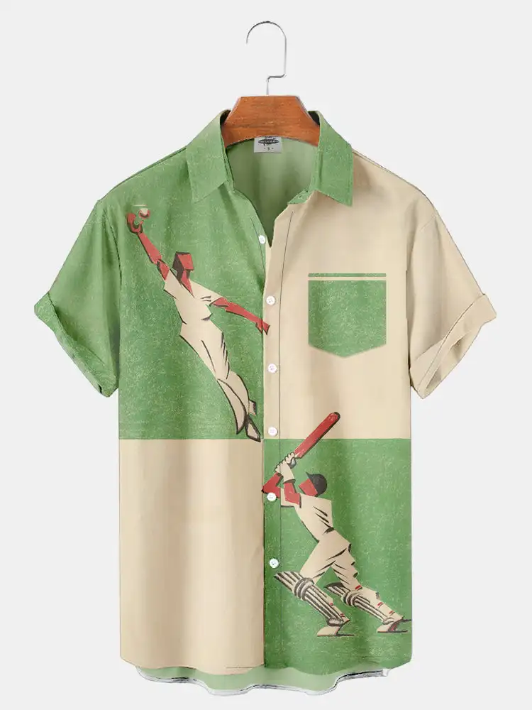 Camisa de manga corta con estampado de retazos de béisbol para hombre, tops de solapa cómodos de gran tamaño, camisa hawaiana para hombre, nuevo