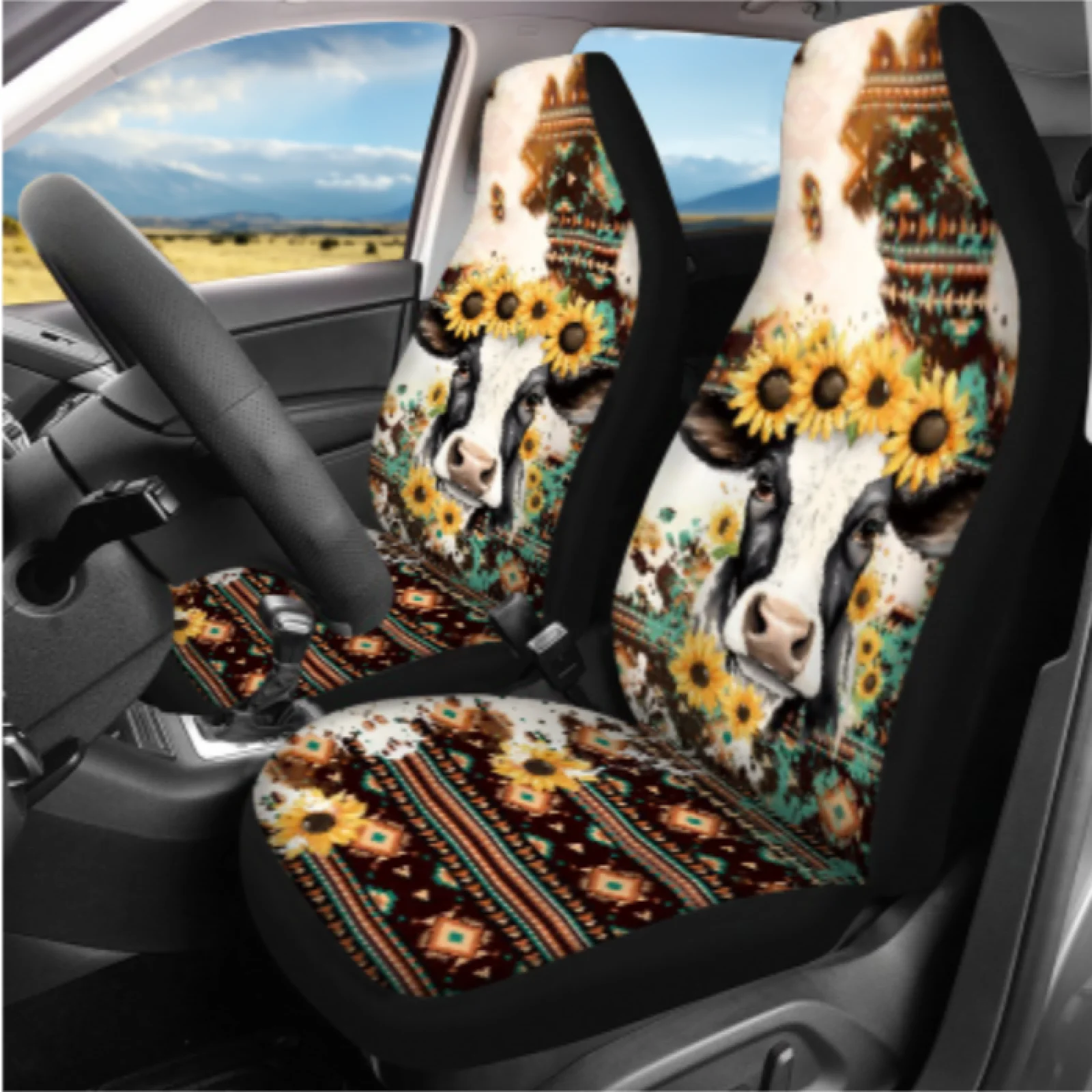 Coloranimal Cow Sunflower 14 Pieces Car Seat Covers Set with Breathable Car Cup Holder Mat and Key Fob for Auto Interior