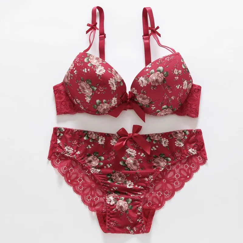 1Set Women\'s Sexy Embroidery Adjusted-straps Lingerie Suit Underwire Push-Up Thin Padded Bra Flower Printing Bras Sets