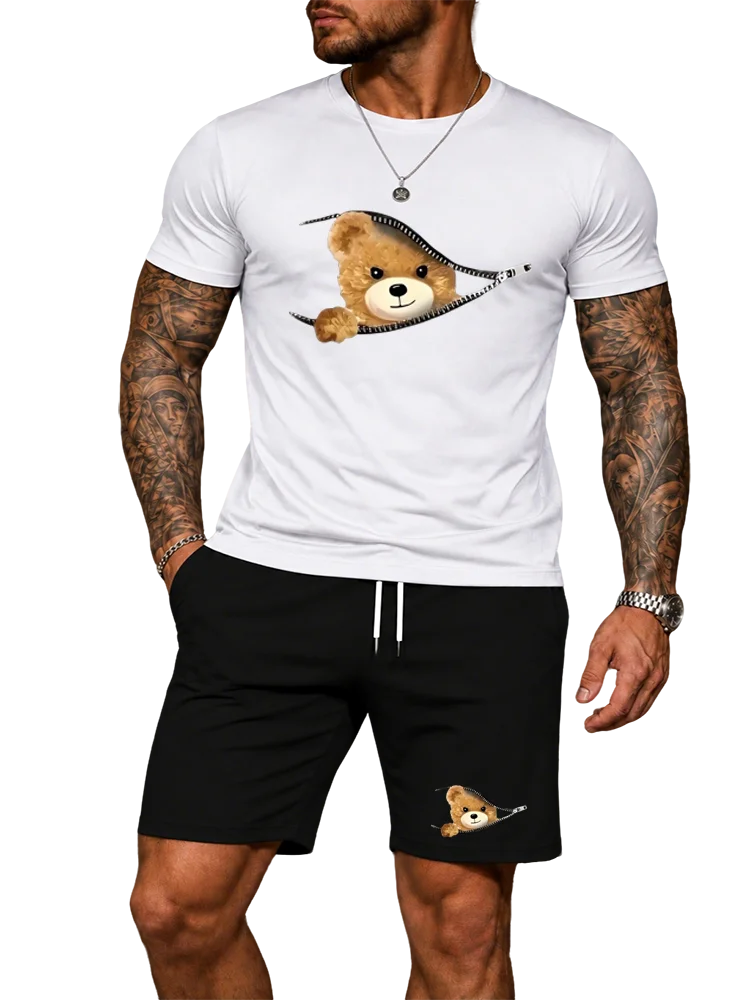 

Summer Men Casual Tracksuit Funny 3D Zipper Teddy Bear Print Crew Neck Tshirt Elastic Waist Drawstring Shorts 2 Piece Set