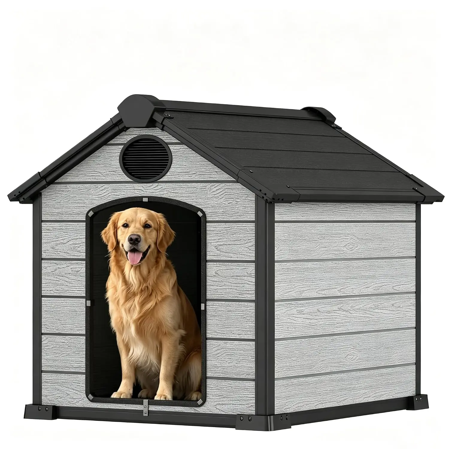 Large Dog House Outdoor Resin 16mm Wall Panels Elevated Floor Waterproof 135 lbs 46x40x40 Grey, Customized