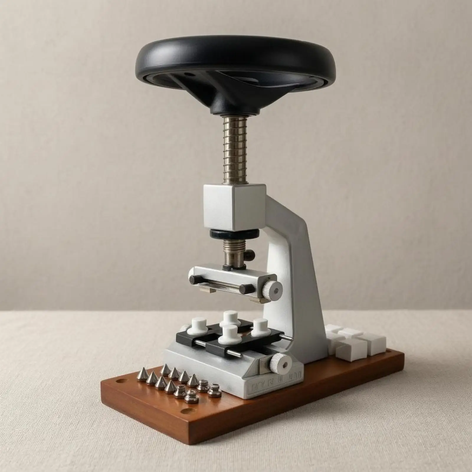 Watchmaker Case Opening Tool Kit with Vertical Threaded Press for Secure Tabletop Watch Repair