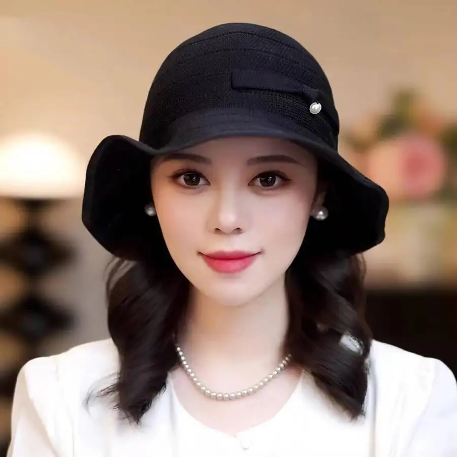 

Элегантная качественная бумажная соломенная шляпа в полоску с плетением края, украшение из жемчуга, солнцезащитная панама, женская весенне-летняя мода