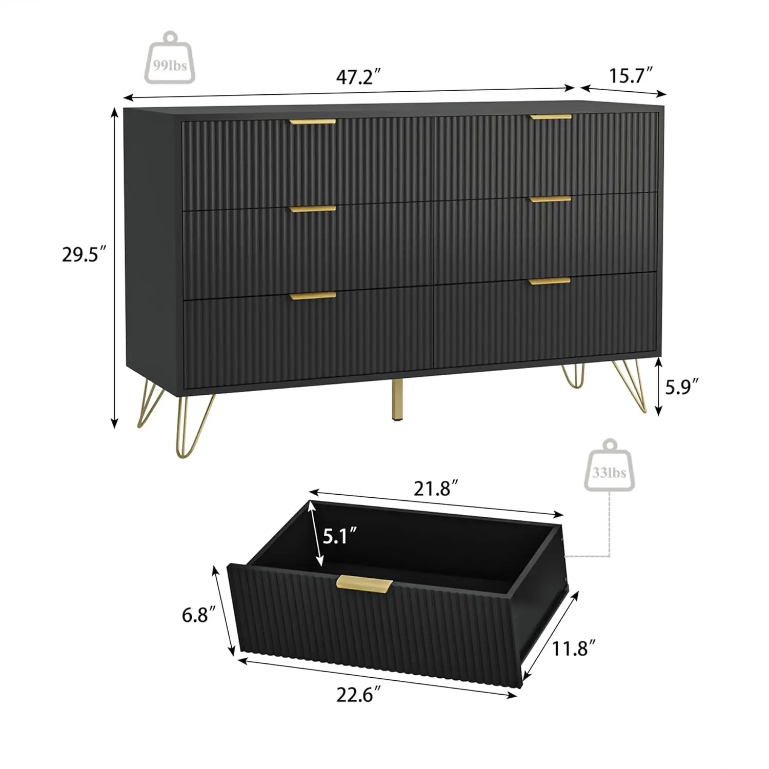 Black Wood 6-Drawer Dresser 2