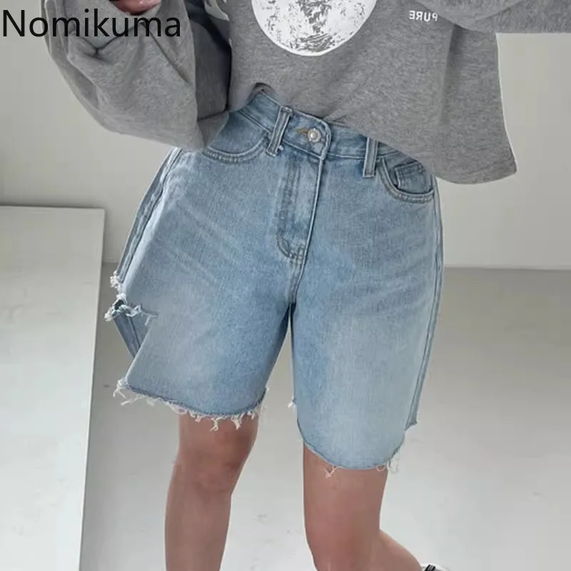 Spodenki jeansowe Streetwear 2024 nowe spodnie z wysokim stanem w stylu Casual, z dziurami Y2k szerokie nogawki modne proste szorty De Mujer