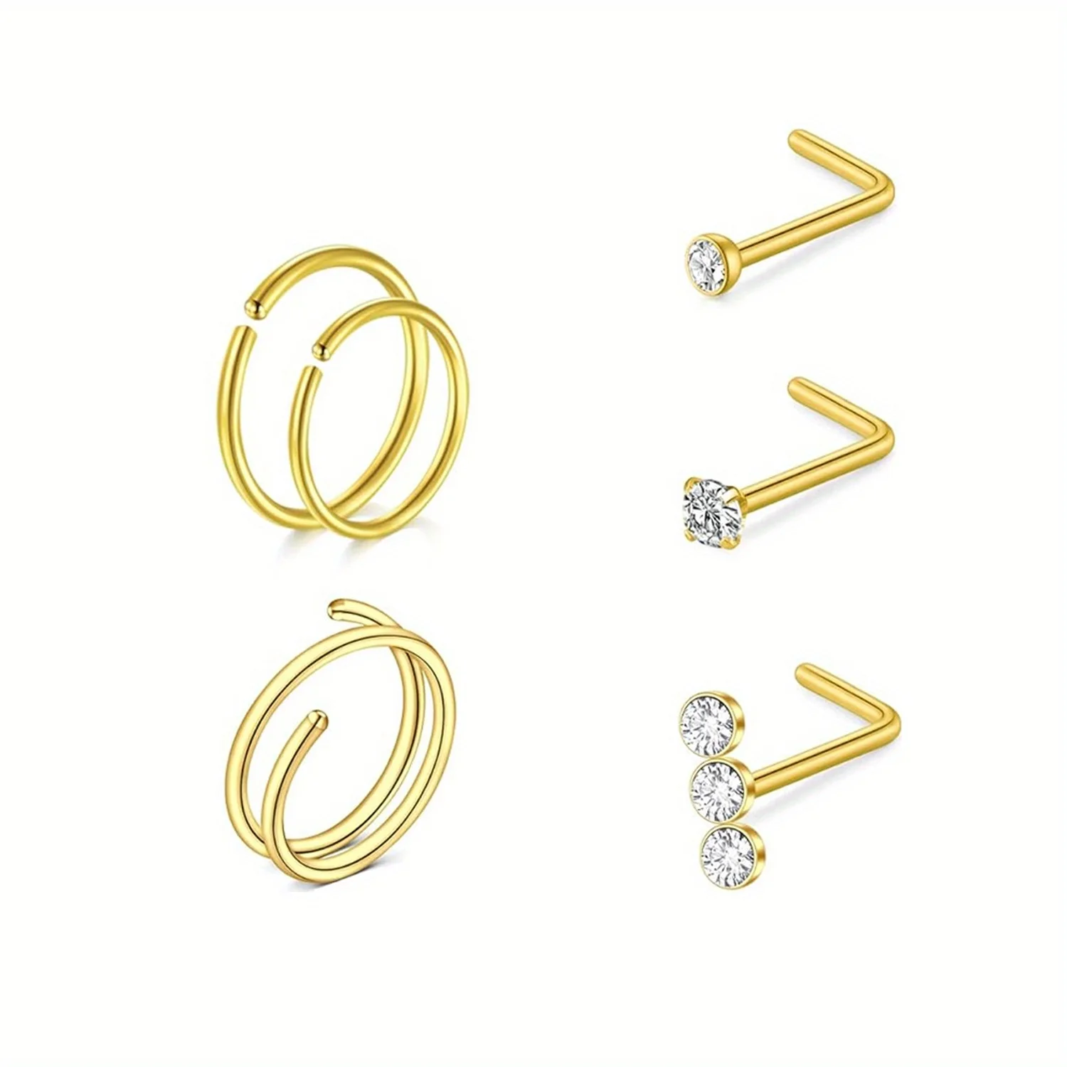 6Pcs Elegant Cute Body Piercing Screws 20G Stainless Steel Nose Rings Set Double Hoops L-Shape CZ Nose Screws Jewelry for Daily image 3
