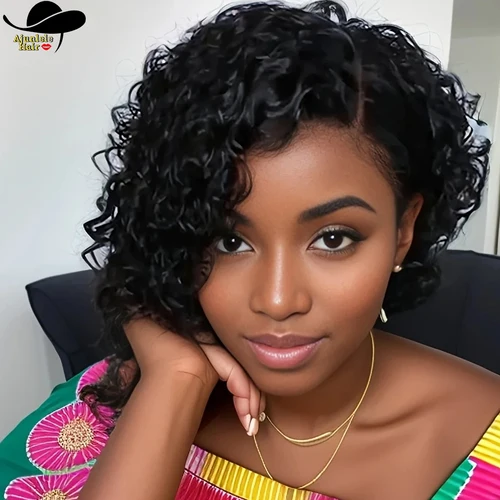 Imagen 1 del producto Cabello birmano de 6 pulgadas, corto, rizado, corte Pixie, pelucas de cabello humano 100%, peluca de encaje transparente 13x4x1, Color Natural para mujeres negras