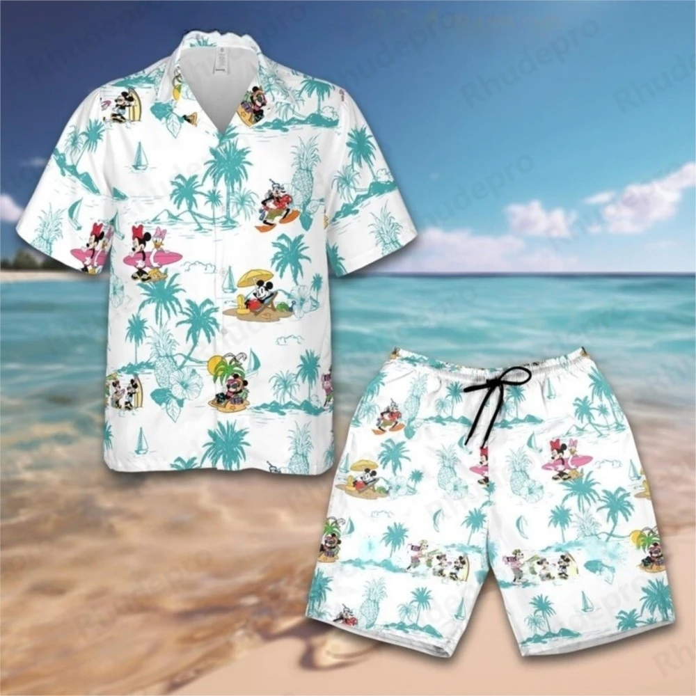 

Disney Cartoon Mickey Mouse Hawaiian Shirt Suit Beach Shorts Set Men Women Summer Casual Vacation Short Sleeve Shirt Pants Suit