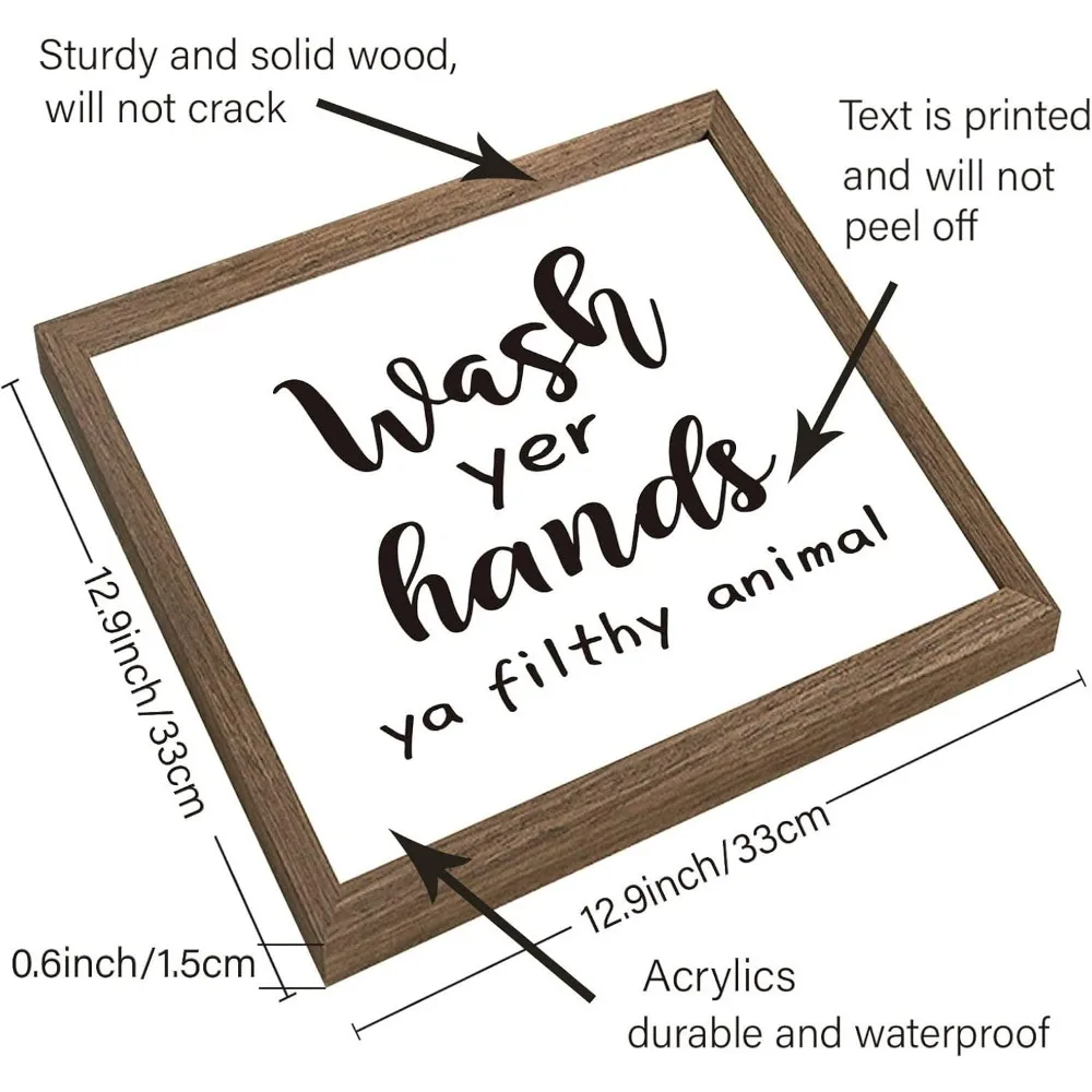 Wash Yer Hands Ya Filthy Animal Art Sign Solid Wood Framed Block Sign Funny Farmhouse Decor Sign with Arylic Layer 13x13 Inch